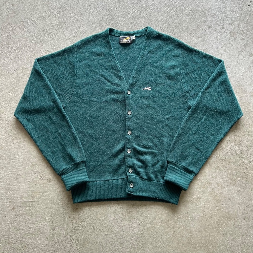 Vintage 70s The Hare Cardigan Sweater Size Large Green Montgomery Ward Knit